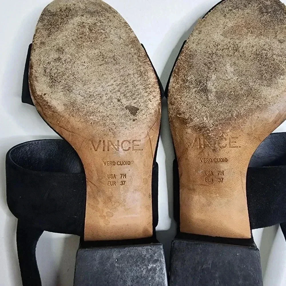 VINCE RENA Sandals Black Suede Block Heel Leather Strappy Size 7‎ Shoes